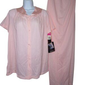 Vintage Vanity Fair Womens Pink Nylon Pajama Set Button-Down Top & Elastic Waist